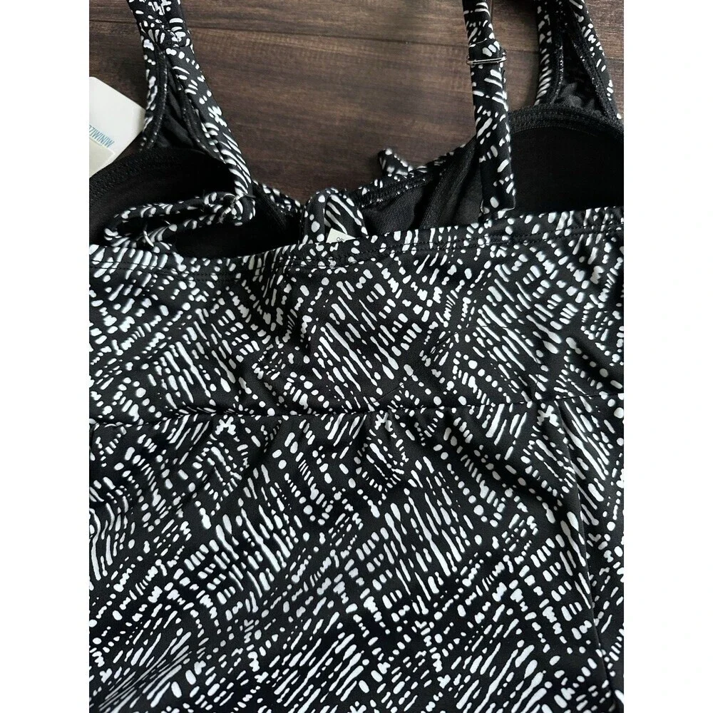 Swim Solutions Women's V-neck Abstract Bow Front  Swim dress Black & White 8 - Picture 9 of 11